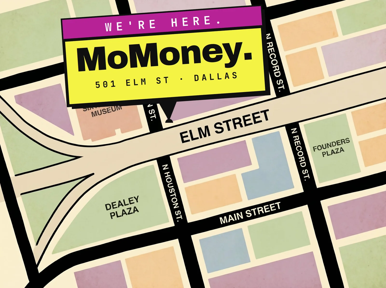 Map showing MoMoney at 501 Elm Street in downtown Dallas near Dealey Plaza.