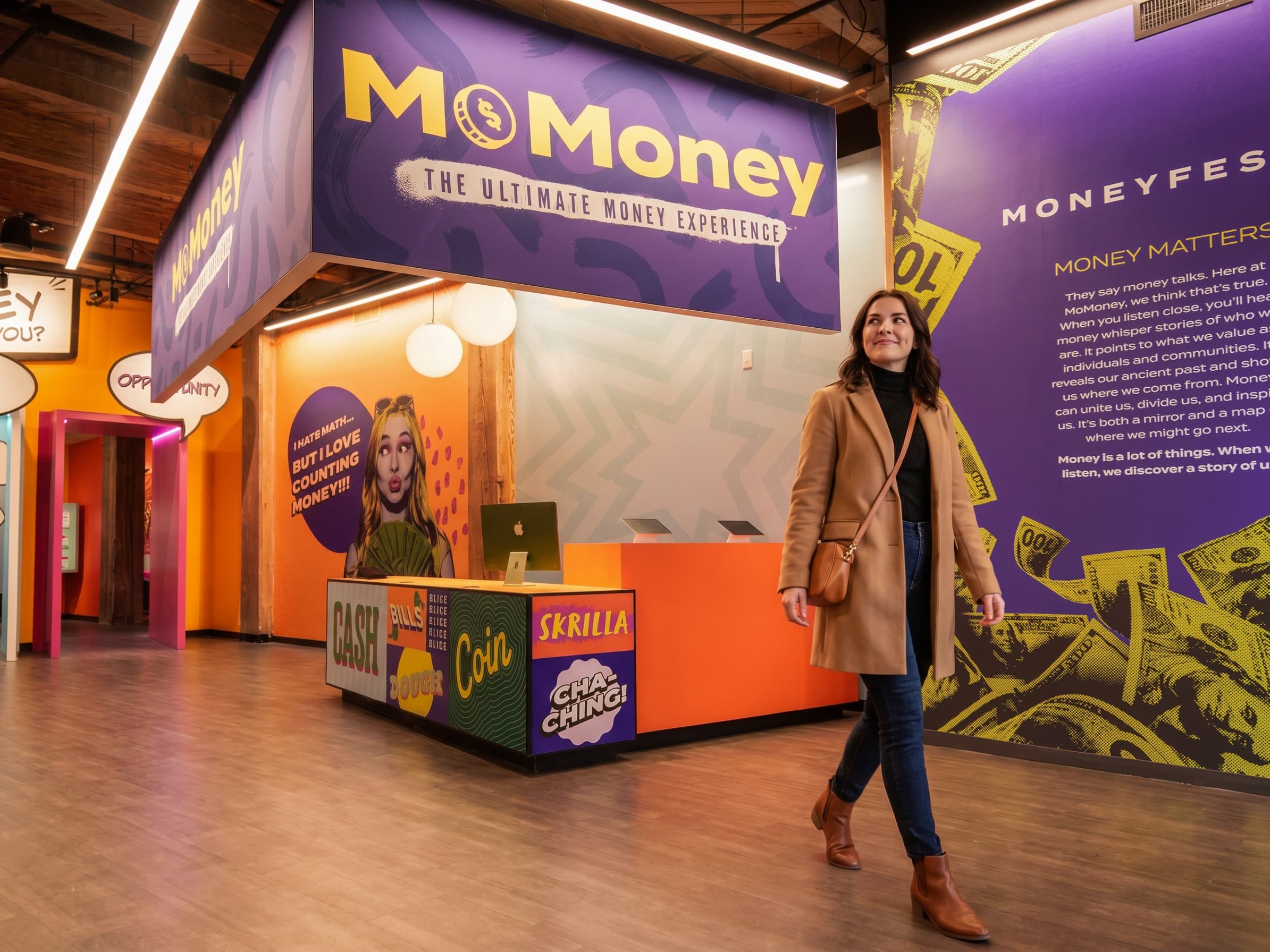 Woman in a camel coat enters MoMoney's lobby, looking up at the bright purple-and-yellow signage above the welcome desk.