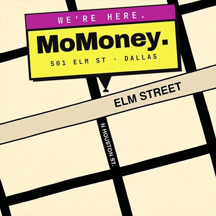Map showing MoMoney's location at Elm Street and N Houston Street in Downtown Dallas, marked with a MoMoney pin.