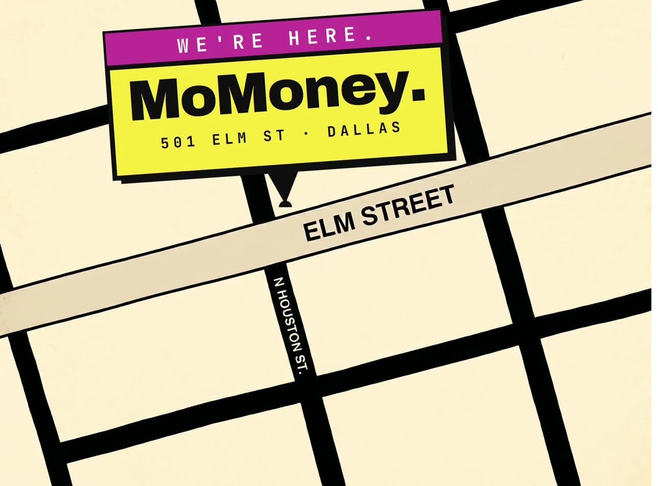 Map showing MoMoney's location at Elm Street and N Houston Street in Downtown Dallas, marked with a MoMoney pin.