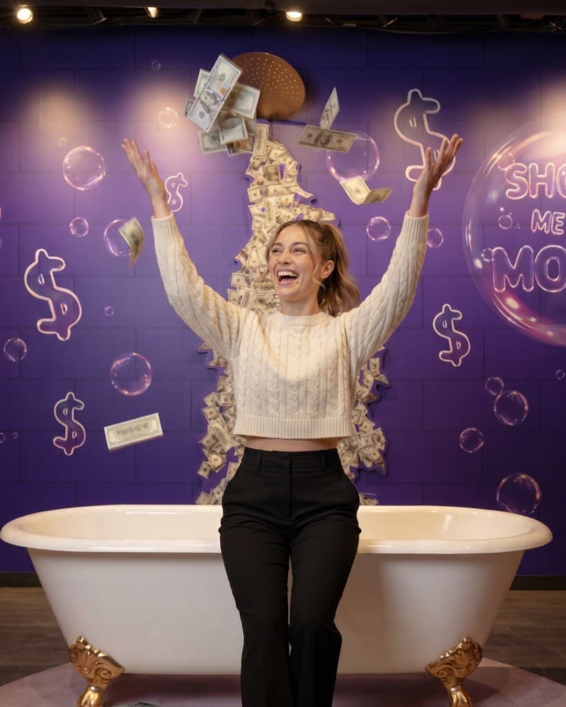 Woman laughs as she tosses cash into the air over a vintage clawfoot bathtub at MoMoney's Cash Shower exhibit.