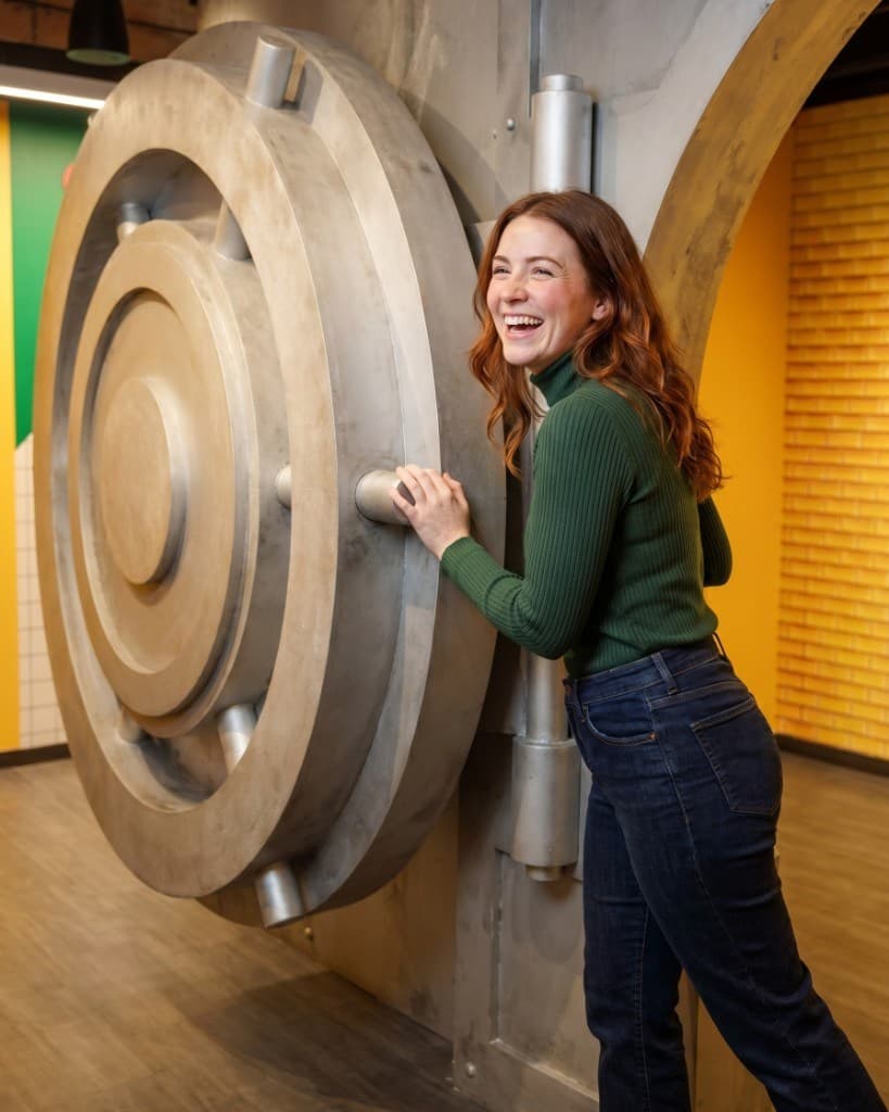 Woman laughs as she leans against the massive silver door of MoMoney's walk-in vault exhibit.